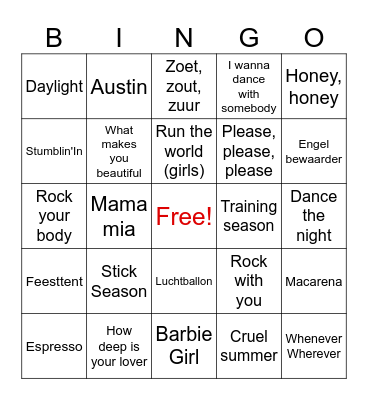 Summer Music Bingo Card