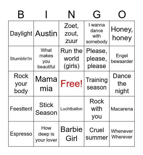 Summer Music Bingo Card