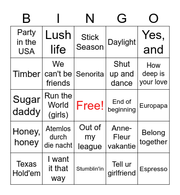 Summer Music Bingo Card