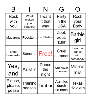 Summer Music Bingo Card