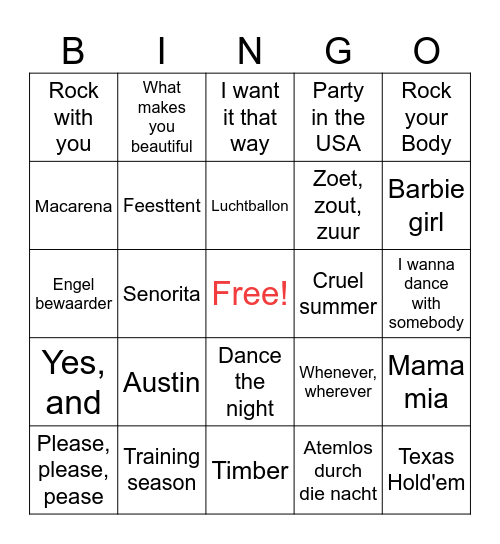 Summer Music Bingo Card