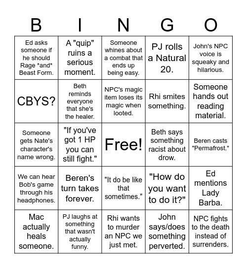 Bane Campaign Bingo Card