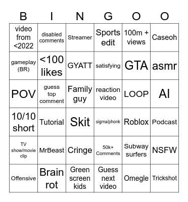 YT shorts Bingo Card
