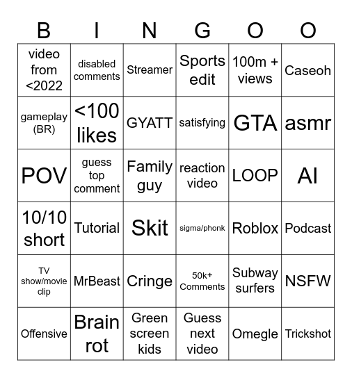 YT shorts Bingo Card