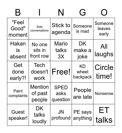 Staff meeting Bingo Card