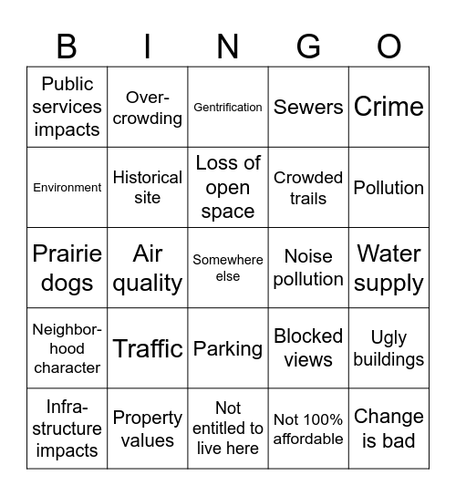 NIMBY Bingo Card