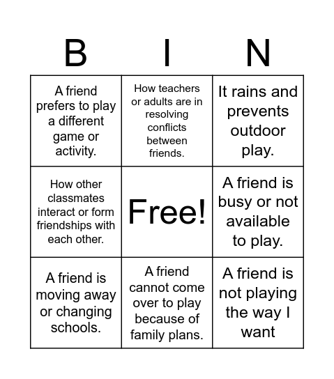 Friendship Bingo Card