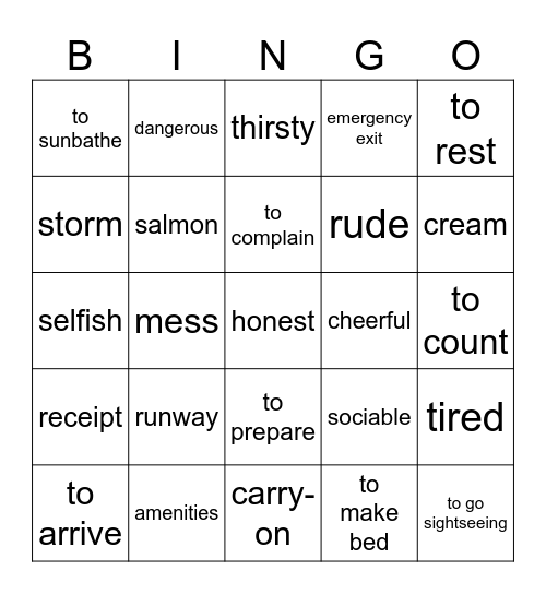 vocabulary revision Bingo Card