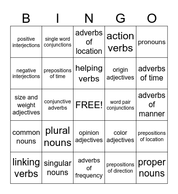 Parts of Speech BINGO Card