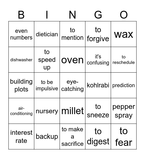 Vocabulary Revision Bingo Card