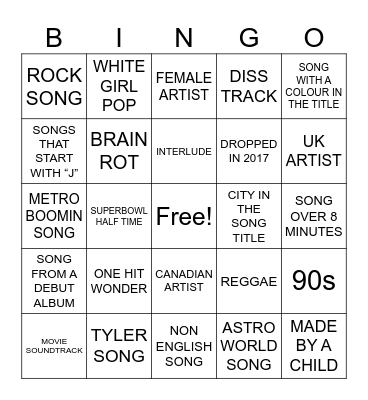 Spotify DJ Bingo Card