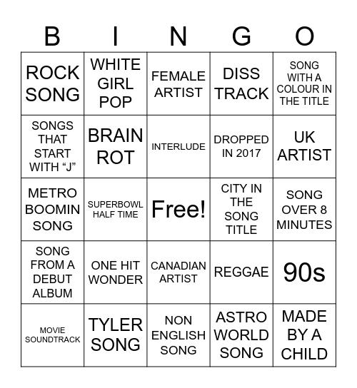 Spotify DJ Bingo Card
