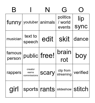 tiktok bingo Card