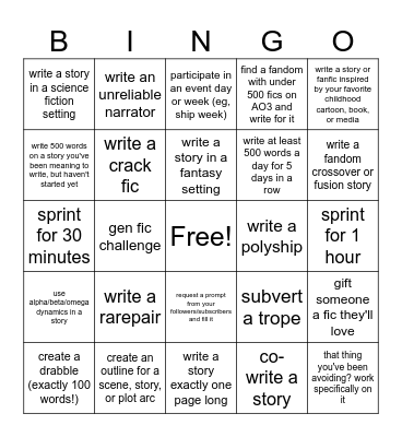 Writer Self-Challenge Bingo! Bingo Card