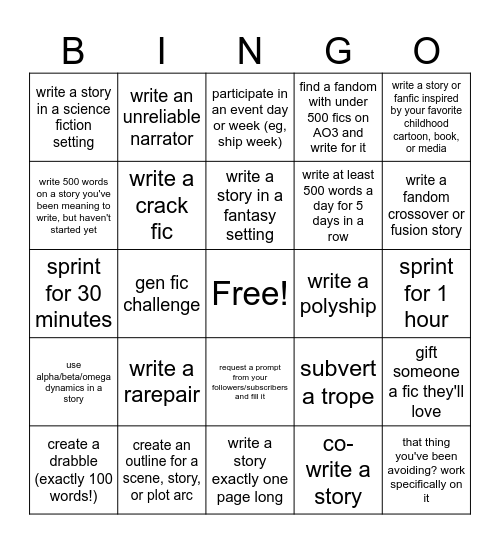 Writer Self-Challenge Bingo! Bingo Card