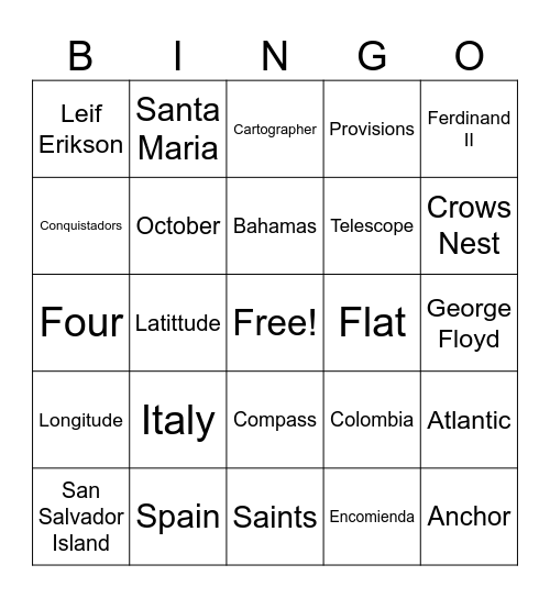 Columbus Day Bingo Card