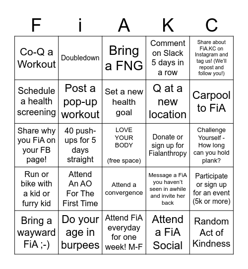 FiA Summer Challenge! Bingo Card