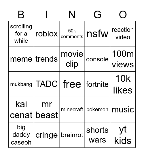 yt shorts Bingo Card