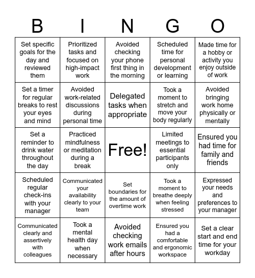 Healthy Boundaries at Work Bingo Card