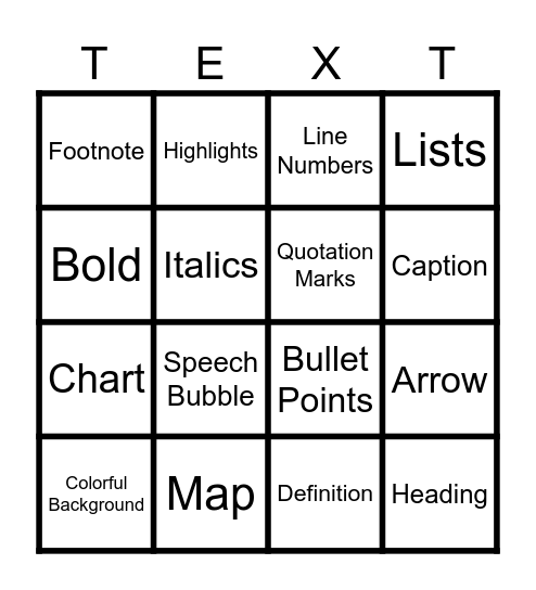 Text Features Bingo Card