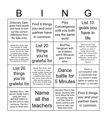 Bingo Board Obstacle Course Bingo Card
