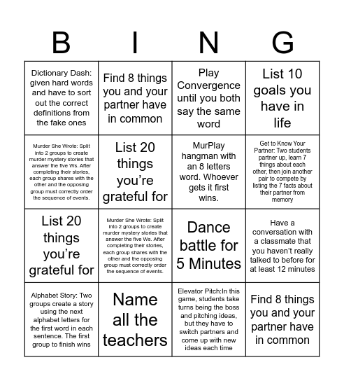 Bingo Board Obstacle Course Bingo Card