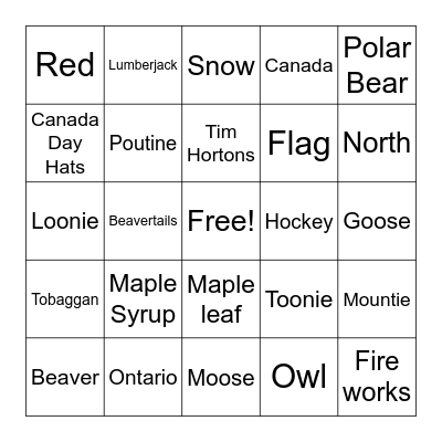 Canada Day Bingo Card