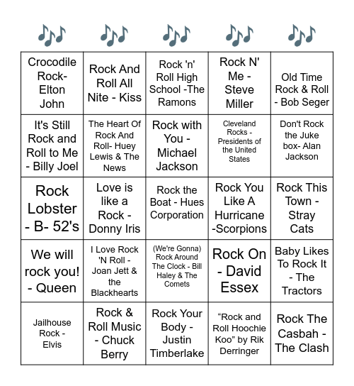 Mortimer's Pub Music Bingo - Songs with the word "Rock" in the title Bingo Card