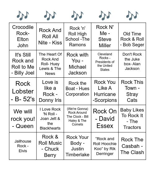 Music Bingo - Songs with the word "Rock" in the title Bingo Card