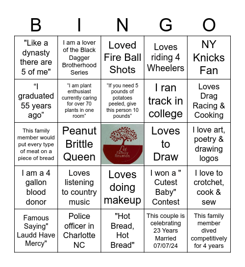 Lee Family Reunion Bingo Card