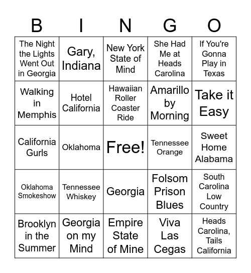 US Cities & Places Bingo Card