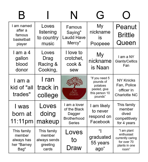 Lee Family Reunion Bingo Card