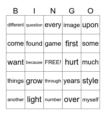 5th Grade Sight Words Bingo Card