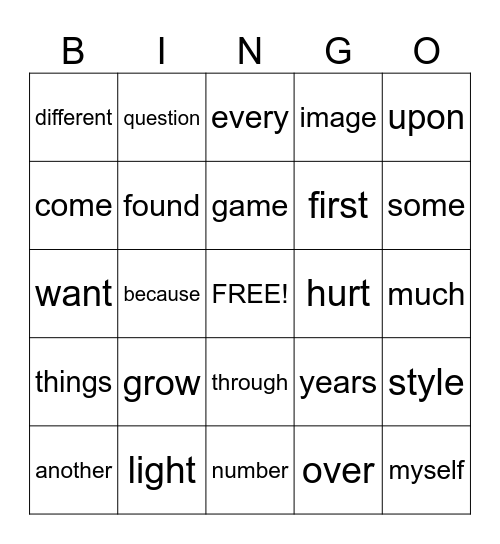 5th Grade Sight Words Bingo Card
