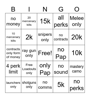 ZOMBIES MW3 Bingo Card