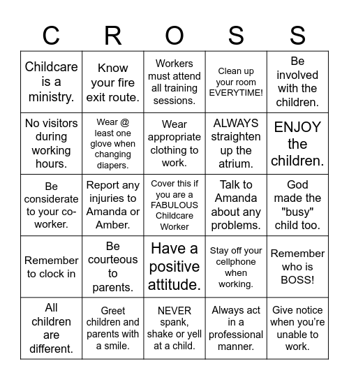 Childcare Training BINGO Card