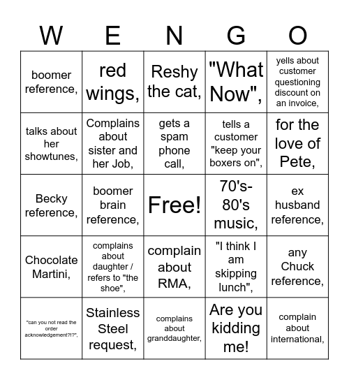 WENDY-ISM Bingo Card