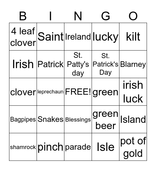 St. Patrick's day Bingo Card