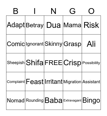 Shifa's Spelling Words Bingo Card