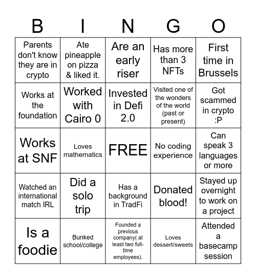 Starknet Brussels Hacker House Bingo Card