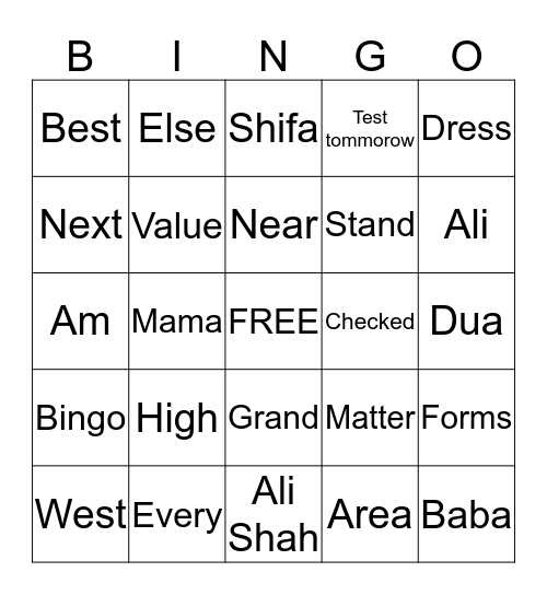 Ali's Spelling Words  Bingo Card