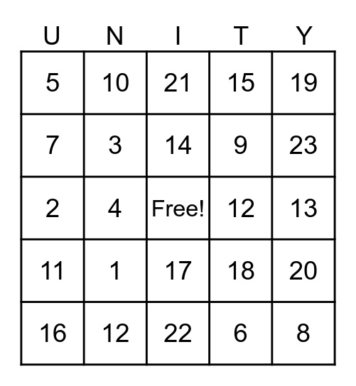 Unity Bingo Card