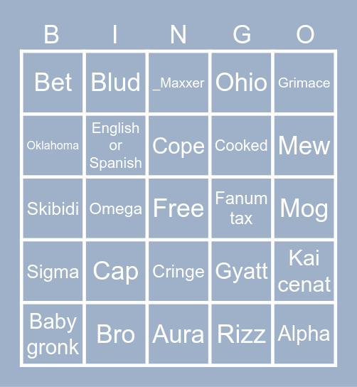 Gen alpha slang bingo Card