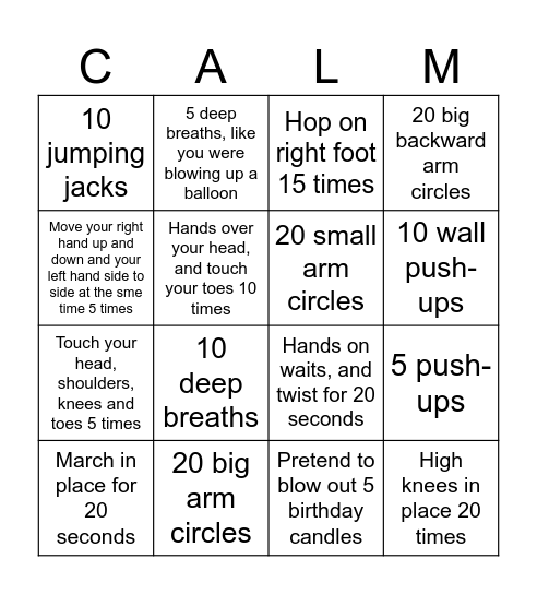 Calm Down Bingo Card