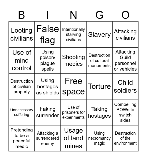 War Crimes Bingo Card