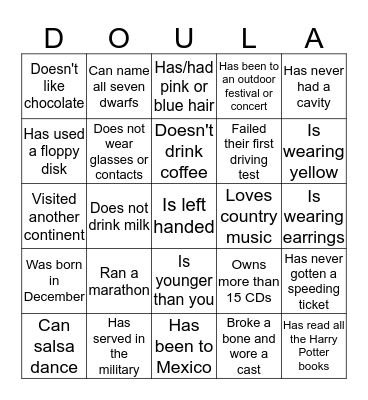 June 2016 Doula Project Ice Breaker Bingo Card