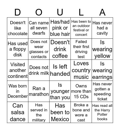 June 2016 Doula Project Ice Breaker Bingo Card