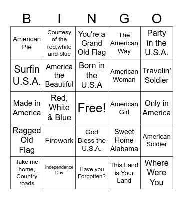 4th of July Music Bingo Card