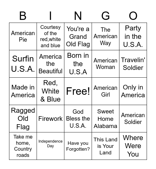 4th of July Music Bingo Card