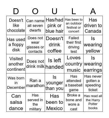 June 2016 Doula Project Ice Breaker Bingo Card